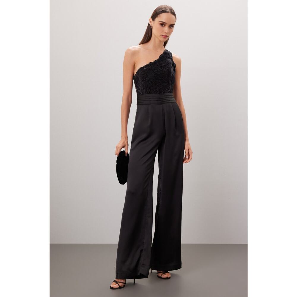 Ramy Brook Adaline Jumpsuit Size 8 Wide Leg, Lace Top One Shoulder